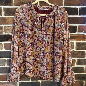 Blue Sky Floral Blouse with Burgundy and Yellow